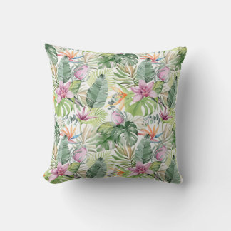 Coussin Aquarelle Fleurs tropicales et Feuilles