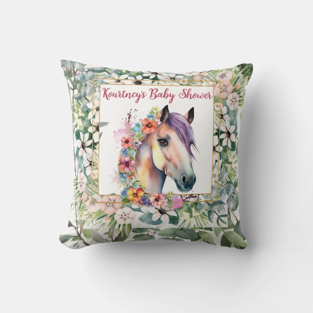 Coussin Aquarelle Floral Horse Baby shower (Recto)