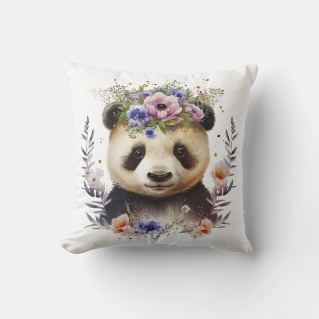 Coussin Aquarelle Floral Panda Cute (Recto)