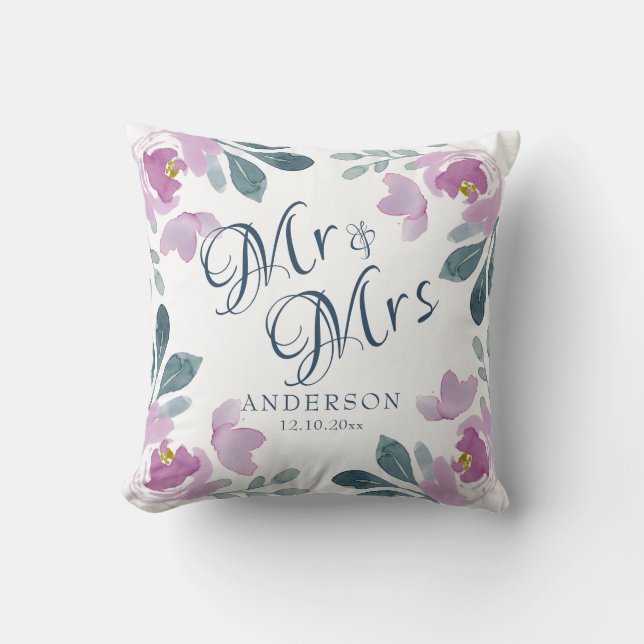 Coussin Aquarelle Floral rose & violet cadeau Mariage (Recto)