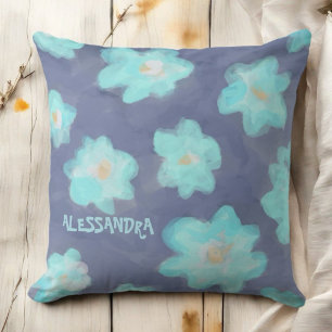 Coussin Aquarelle floral turquoise bleu monogramme fleurs 