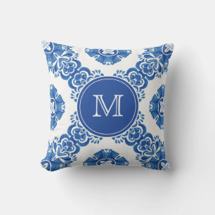 Coussin Aquarelle Florale Bleue et Blanc Monogramme Parisi