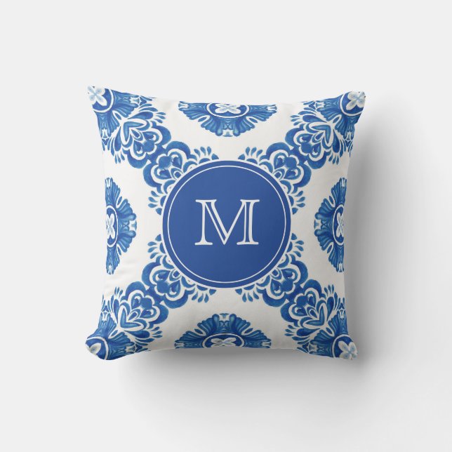 Coussin Aquarelle Florale Bleue et Blanc Monogramme Parisi (Recto)