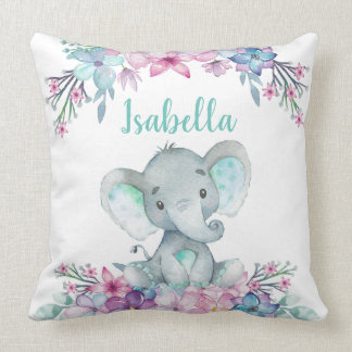 Coussin Aquarelle florale mignonne Bébé Eléphant Jetant Or