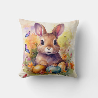 Coussin Aquarelle florale mignonne lapin de Pâques