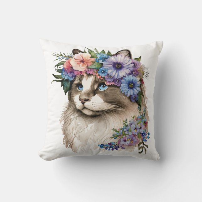 Coussin Aquarelle Florale Ragdoll Chat (Recto)