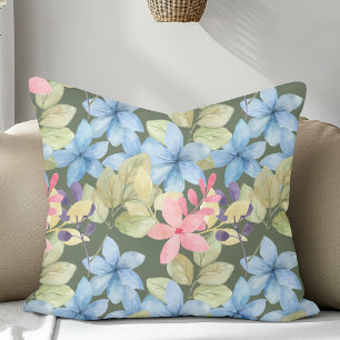 Coussin Aquarelle Florale Rose Et Bleu Pastel Vert Foncé