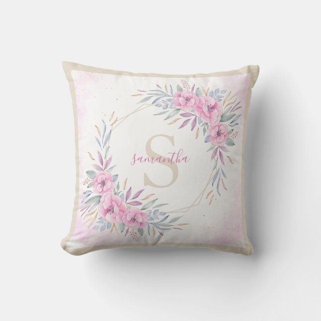 Coussin Aquarelle florale rose monogramme Élégante (Recto)