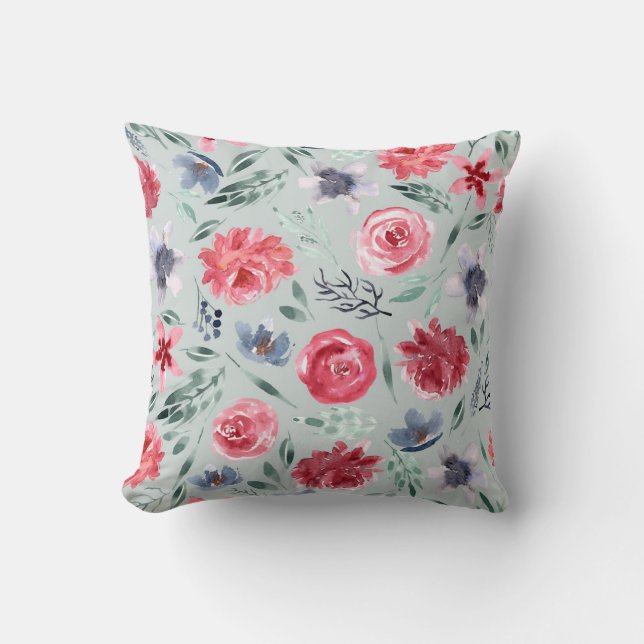 Coussin Aquarelle Florales dans la verdure à la menthe (Recto)