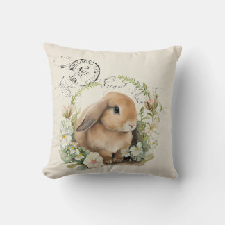 Coussin Aquarelle française vintage lapin et fleurs