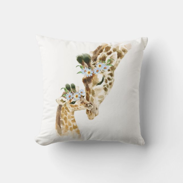 Coussin Aquarelle, Girafe, maman et bébé, baby shower, n (Recto)