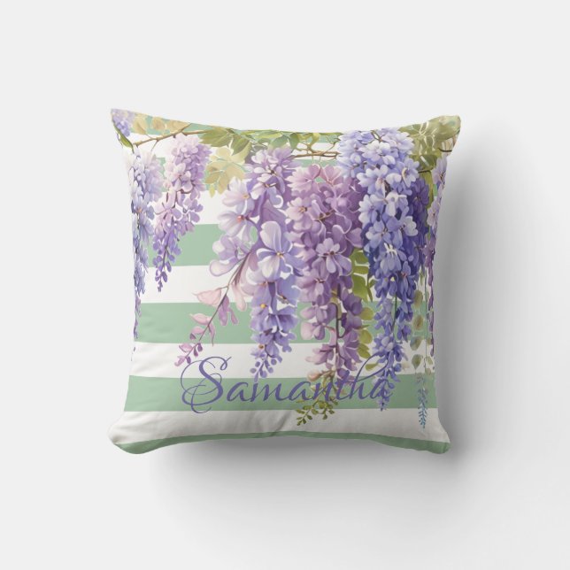 Coussin Aquarelle glycine bandes vert floral (Recto)