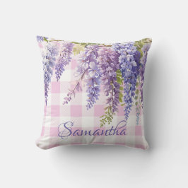 Coussin Aquarelle glycine florale rose blanc chèque