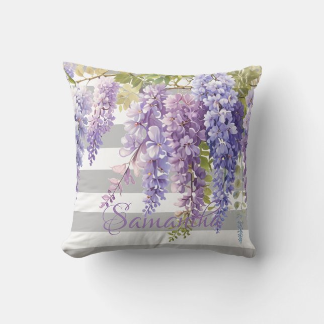 Coussin Aquarelle glycine gris floral strié (Recto)
