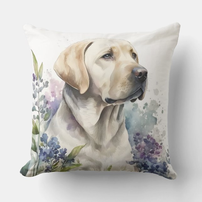 Coussin Aquarelle Golden Labrador Retriever et Fleurs (Recto)