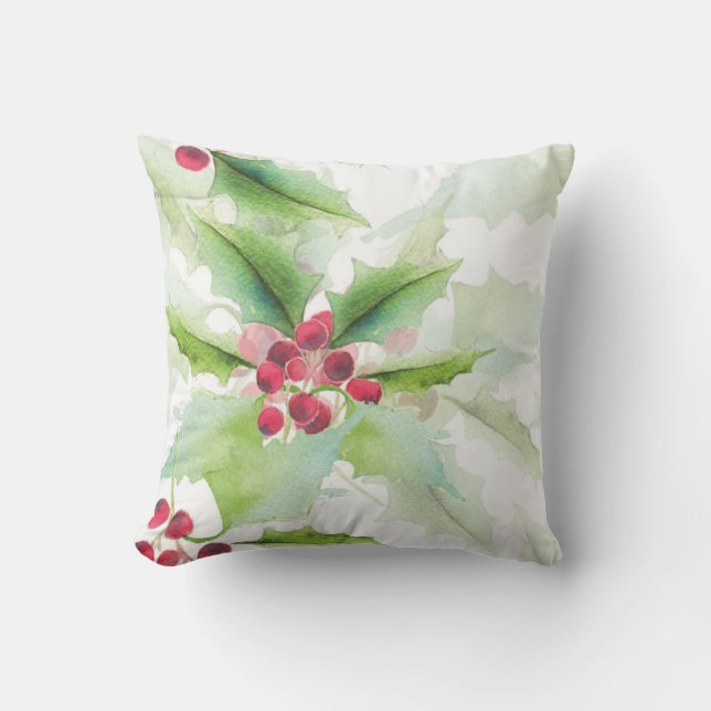 Coussin Aquarelle Green Holly Red Berry Noël (Recto)
