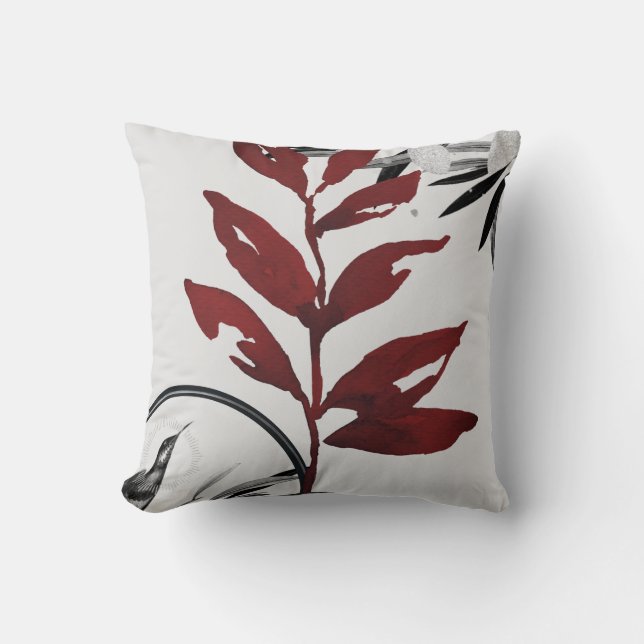 Coussin Aquarelle grise et bordeaux Feuilles Colibris (Recto)