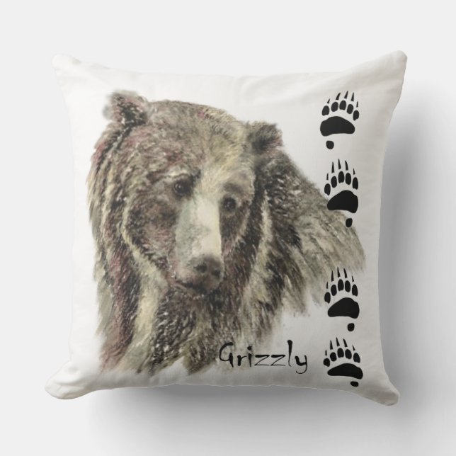 Coussin Aquarelle Grizzli Ours Animal Nature Art (Recto)