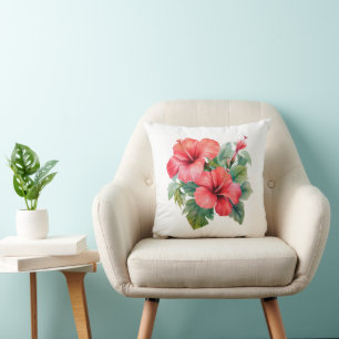 Coussin Aquarelle Hibiscus Rouge Tropical Floral Végétal