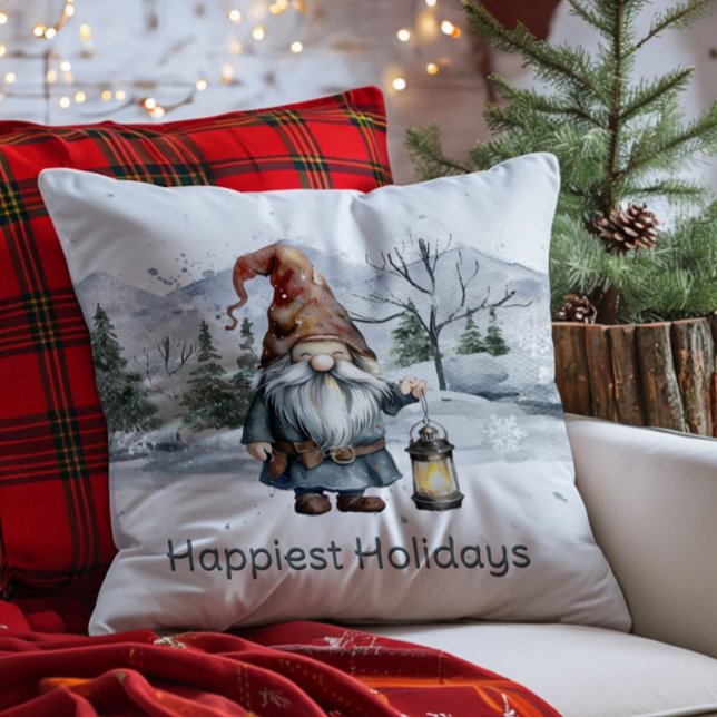 Coussin Aquarelle hiver Gnome de Noël (Watercolor Winter Christmas Gnome Throw Pillow)