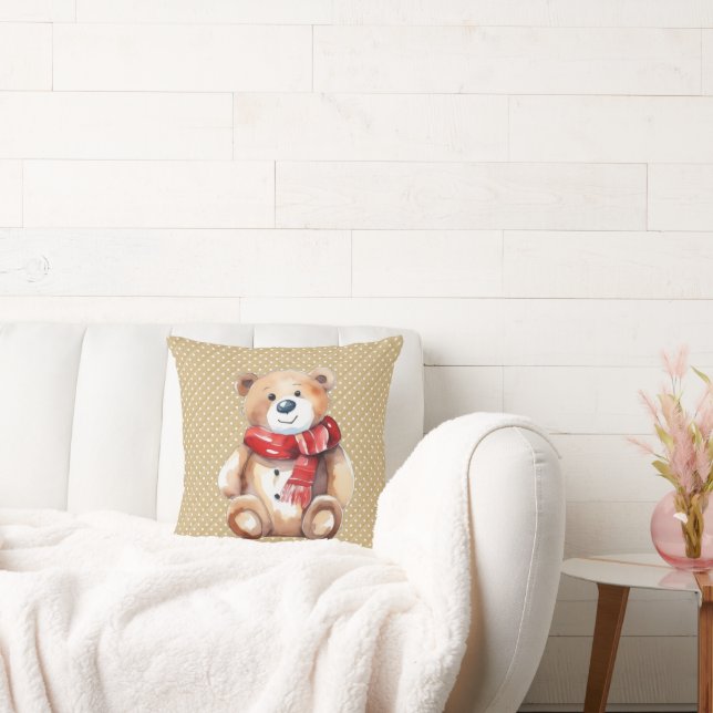 Coussin Aquarelle Hiver Ours En Teddy Sur Pois (Canapé)