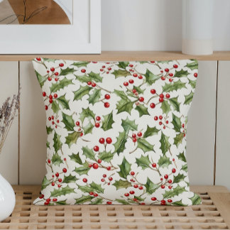 Coussin Aquarelle Holly Feuilles et baies