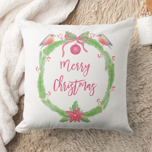 Coussin Aquarelle Holly Wreath Joyeux Noël (Couverture)