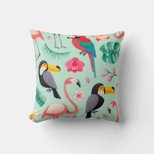 Coussin Aquarelle illustrations d'oiseaux, fleur tropicale