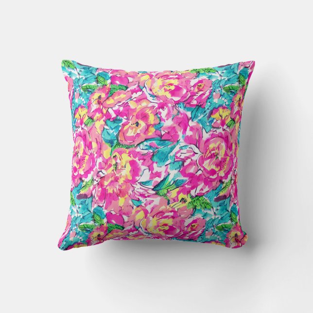 Coussin Aquarelle inspirée bleu rose Floral (Verso)