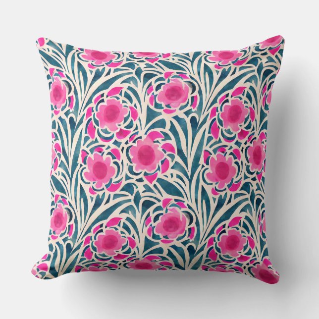 Coussin Aquarelle inspirée rose + bleu Botanique Floral (Recto)
