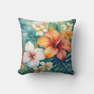 Coussin Aquarelle Jardin hawaïen Hibiscus tropical