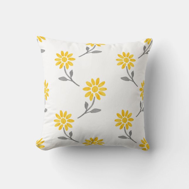 Coussin Aquarelle jaune et gris Motif marguerite (Recto)