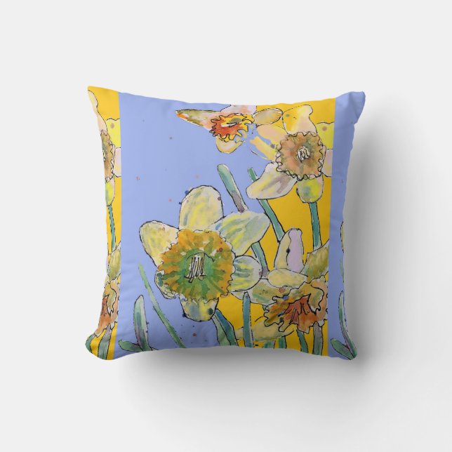 Coussin Aquarelle jonquille Jaune Fleur florale Cushion (Recto)