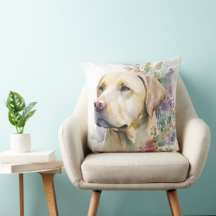 Coussin Aquarelle Labrador Retriever doré et fleurs