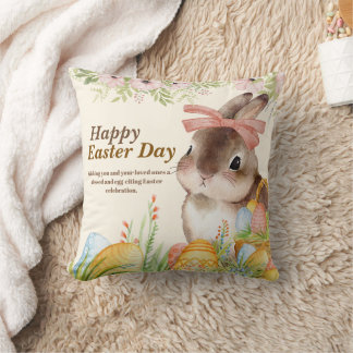 Coussin Aquarelle Lapin floral avec noeud Jour de Pâques j