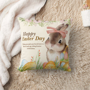 Coussin Aquarelle Lapin floral avec un nœud Jour de Pâques