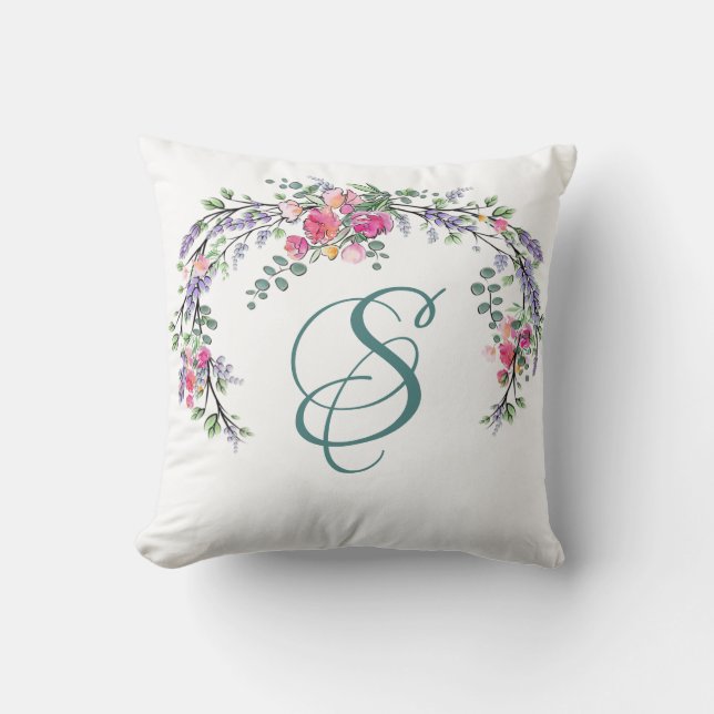 Coussin Aquarelle Lavande rose Rose sauvage et Eucalyptus (Recto)