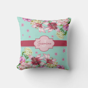 Coussin Aquarelle Lily & Peony Floral Aqua Monogramme