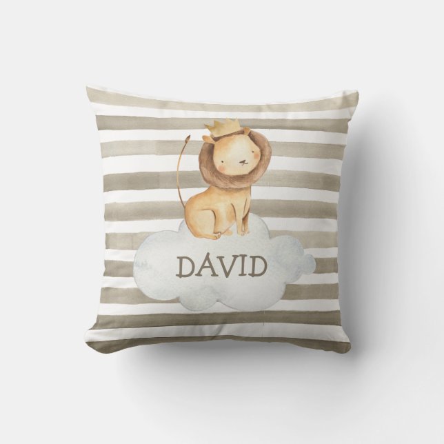 Coussin Aquarelle Lion Gris Personnalisé Nom Du Bébé Garço (Recto)