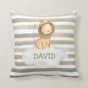 Coussin Aquarelle Lion Gris Personnalisé Nom Du Bébé Garço