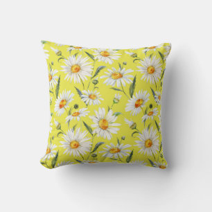 Coussin Aquarelle marguerite, motif jaune transparent.
