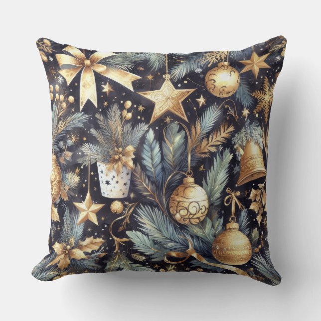 Coussin Aquarelle Marine Bleu Or Motifs de Noël (Recto)
