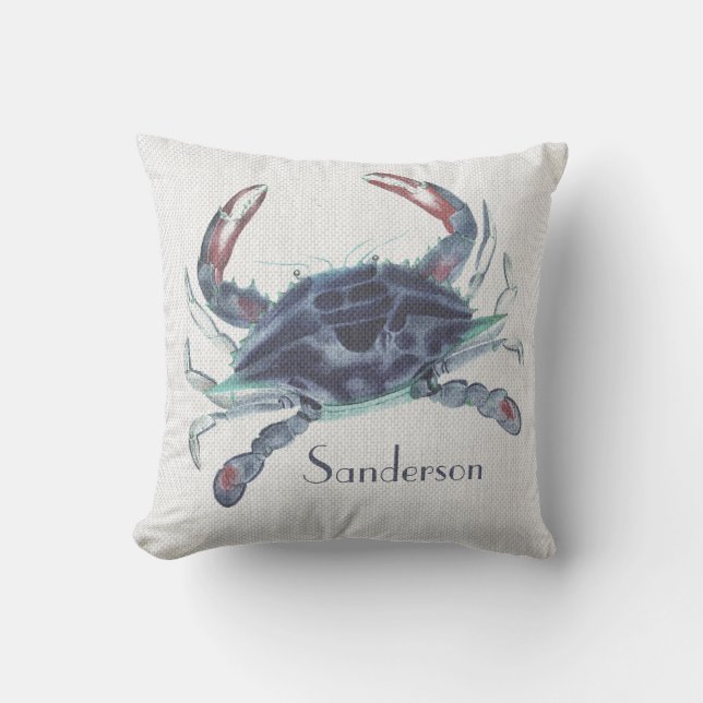 Coussin Aquarelle marine de crabe bleu marine côte marine  (Recto)