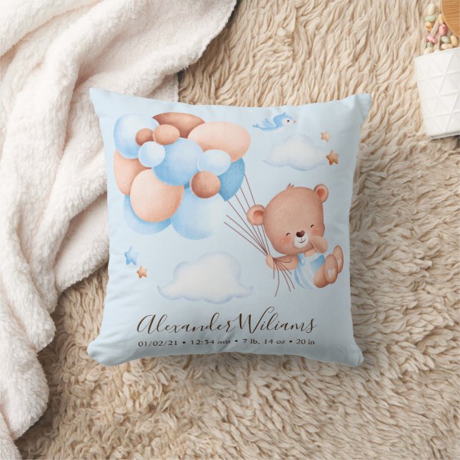 Coussin Aquarelle mignonne Garçon Teddy Ours avec Ballons (Couverture)