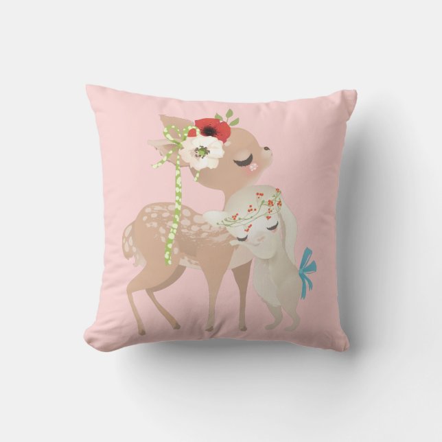 Coussin Aquarelle mignonne Lapin Lapin De Cerf Floral | Pâ (Recto)