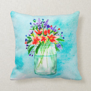 Coussin Aquarelle mignonne Mason Jar Peach Purple Fleurs