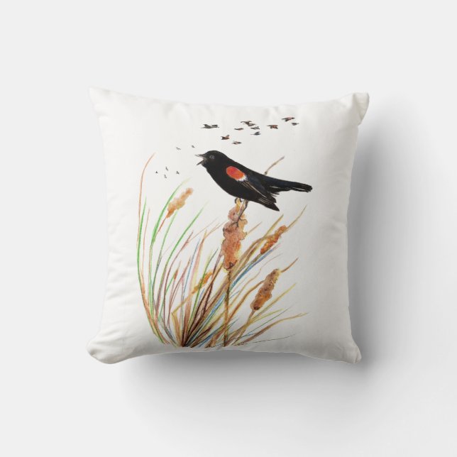 Coussin Aquarelle mignonne Oiseau-noir à ailes rouges Natu (Recto)