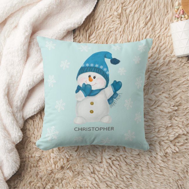 Coussin Aquarelle mignonne Petit Snowman Beanie Bébé Bleu (Couverture)