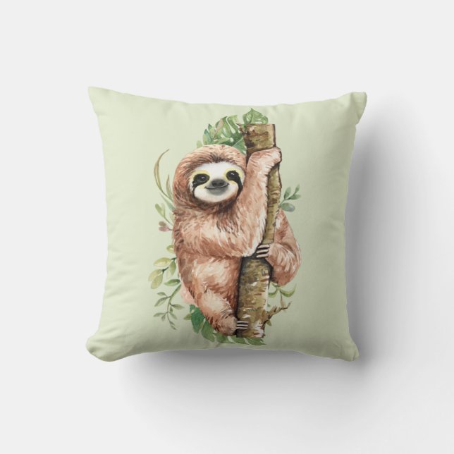 Coussin Aquarelle mignonne Sloth & Feuilles tropicaux (Recto)