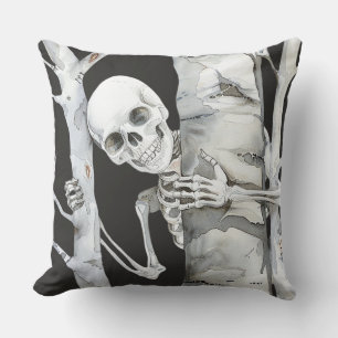Coussin Aquarelle minimaliste d'Halloween squelette souria